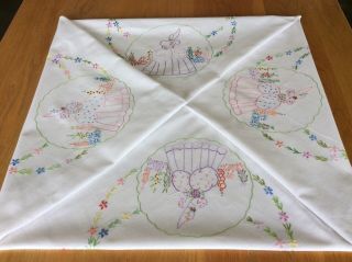 Vintage Hand Embroidered Tablecloth Crinoline Ladies / Flowers 40” X 39”