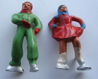 2 Matching Antique Metal Toy Ice Skater Figures Barclay 2¾ " Tall.  (inv28)