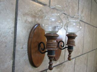 2 Vintage Wood & Metal Wall Sconce Candle Holders W/ Glass Tulip Votive Cups