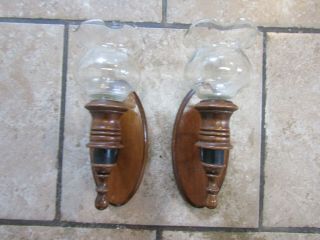 2 Vintage Wood & Metal Wall Sconce Candle Holders w/ Glass Tulip Votive Cups 2