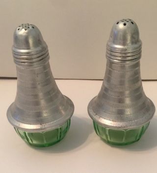 Vintage Aluminum & Green Depression Glass Salt & Pepper Shakers
