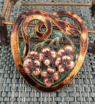 Antique Art Deco French Guilloche Enamel Snake Heart Floral Brooch Pin