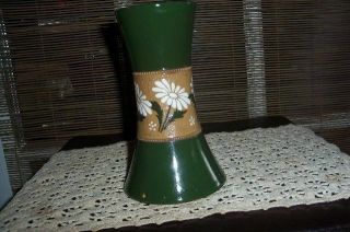 Antique Art Pottery Vase CARLTON WARE Green w/Enameled Daisy Flowers Circa 1920s 2