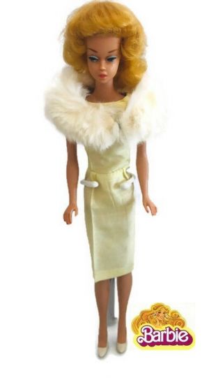 Vintage Barbie 1962 1963 Light Yellow Silk Sheath Dress W/ White Fur Stole