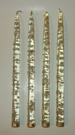 Pair (2) Clear Lucite Candles With Silver Flakes Flecks & Gold Wick Yy