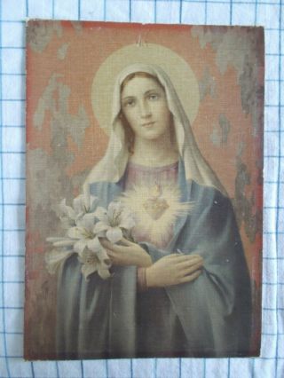 A Lovely Vintage " Sacred Heart Virgin Mary With Lilies " Print On Board 5 " X7 "