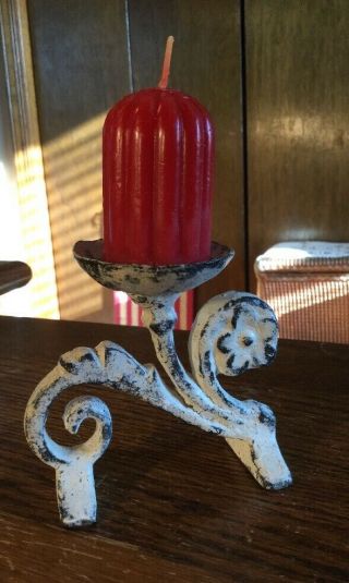 Vintage Cast Iron Footed Scroll Candle Stick Holder Primitive Antique Whitewash