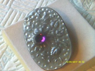 Antique Arts And Crafts Large Ruskin Style Pewter Brooch,  Amethyst Rhinestone