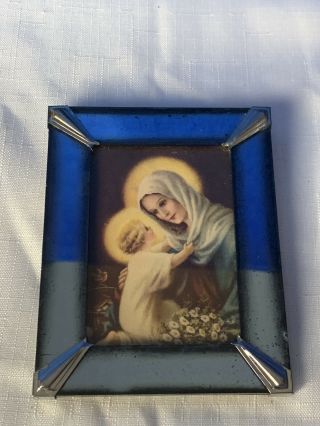 Antique Handcrafted Blue Glass Mirror Picture Frame W/ Photo Of Mother Mary