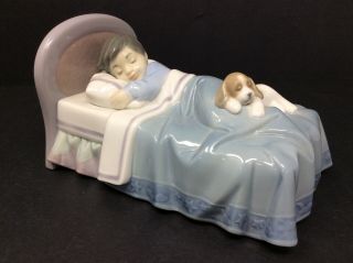 Lladro Figurine 6541 Bedtime Buddies Retired Boy Sleeping W/ Dog Bed