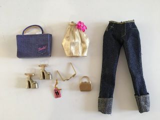 2001 Barbie Fashion Avenue Clothes Blues Styles Jeans & Gold Halter Top Mattel