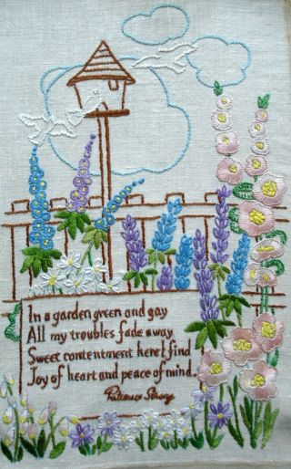 Hand Embroidered Linen Unframed Picture Bird House & Garden Verse By P Strong