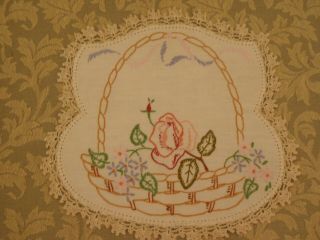 Vintage Doily Hand Embroidered Floral Pink Green Blue Crochet Border 22cm