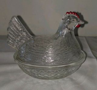 Vintage Clear Glass Rooster Covered Dish With Lid Red Crown