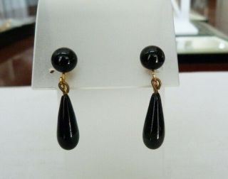 Antique Vintage Victorian Black Onyx Gemstone Dangle Screw Back Earrings
