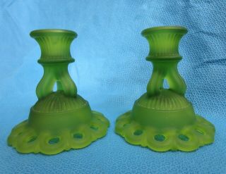 Vintage Frosted Green Depression Glass Candle Sticks Victorian Lattice Pair