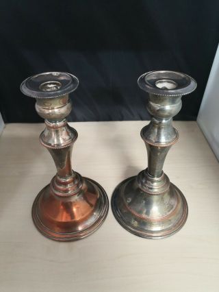 2 Vintage/antique Silver Plate On Copper Candlestick Holders 20cm 14b