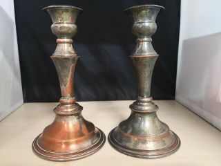 2 Vintage/Antique Silver Plate On Copper Candlestick Holders 20cm 14B 2