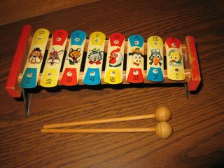 Antique/vintage Child Xylophone With Cartoon Animal Characters,  2 Wooden Mallets