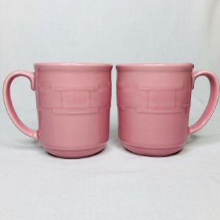 Set Of 2 Longaberger Pottery Mugs Vitrified Pink Coffee Mug Basket Weave