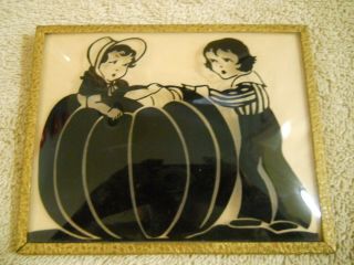 Silhouette Reverse Painting Children With A Pumpkin Beveled Glass 5 " X 4 " 1937