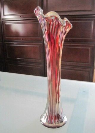 Vintage Carnival Glass Fluted Vase 14” Tall.