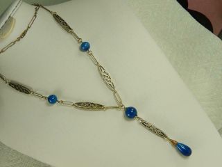 26 " Long Flapper Blue Glass Drop Necklace Art Deco Antique Chain