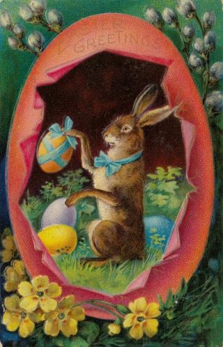 Bunny Rabbit In Egg With Flowers Antique Embossed Easter Postcard - K476
