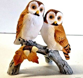 Vtg Andrea By Sadek Two Owls On Branch Figurine 7666 1986