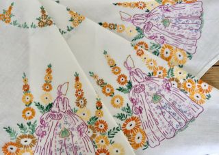 Vintage Linen Tablecloth Hand Embroidered Crinoline Lady In Cottage Garden