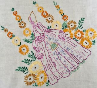 Vintage Linen Tablecloth Hand Embroidered Crinoline Lady In Cottage Garden 2