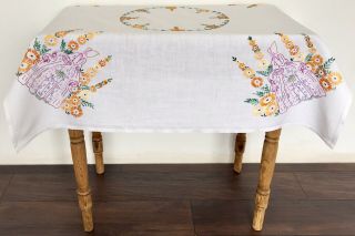 Vintage Linen Tablecloth Hand Embroidered Crinoline Lady In Cottage Garden 3