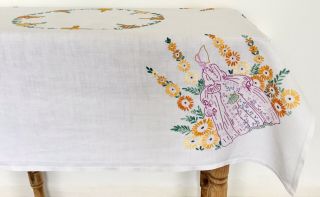 Vintage Linen Tablecloth Hand Embroidered Crinoline Lady In Cottage Garden 4