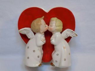 Red Valentine Heart Angels Kissing Cherub Flower Vase Holder Japan Vintage Old