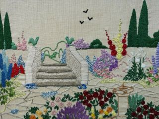 Vintage Embroidered Detailed Pretty English Garden Picture Flowers Sun Dial