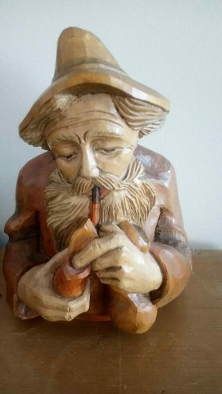 Antique Hand Carved Wooden Seated Man Smoking A Pipe Folk Carving C1940 Wood
