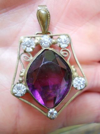 Antique Victorian Art Deco Purple Faceted Glass Stone Pendant Jewelry
