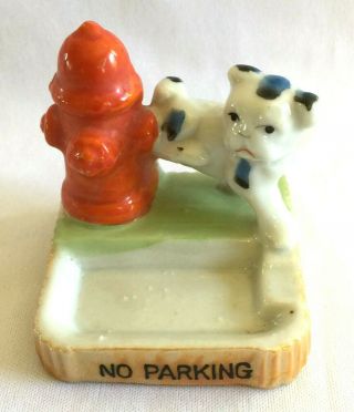 Occupied Japan Porcelain Dog Peeing On Fire Hydrant Ashtray,  No Parking