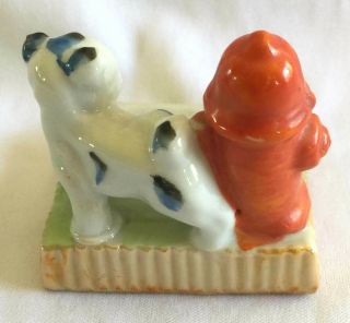 OCCUPIED JAPAN PORCELAIN DOG PEEING ON FIRE HYDRANT ASHTRAY,  NO PARKING 2
