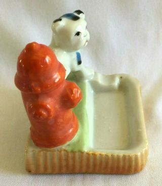 OCCUPIED JAPAN PORCELAIN DOG PEEING ON FIRE HYDRANT ASHTRAY,  NO PARKING 4