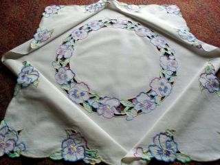 Vintage Hand Embroidered Floral Linen Tablecloth Very Pretty Coloured Pansies