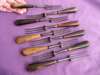 Antique Set Of 9,  3 Tine Steel Forks With Horn Handles