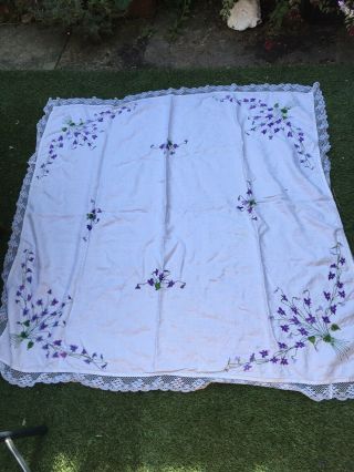 Vintage Hand Embroidered White Linen Tablecloth Lace Edge Purple Flowers 52”x52”