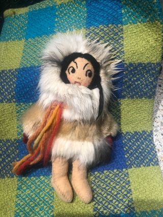 Vintage 7 Inch Inuit Folk Art Handmade Doll Cloth And Fur