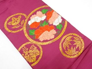 89947 Japanese Kimono / Antique Nagoya Obi / Woven Peony & Paulownia