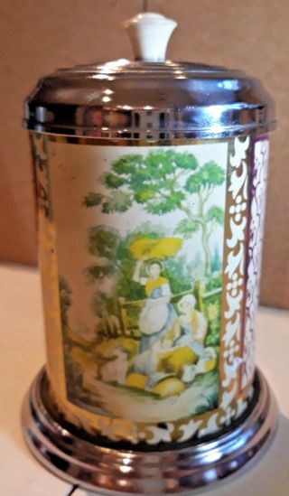 Chinese Tea Tin Caddy Country Life Print Chrome Lid Vintage 7x3.  5 Inches.  Approx