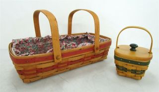 1990s Longaberger Baskets X2 W/ Plastic Liners - Handwoven Red Green Floral Rose