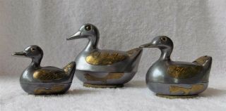 Vintage Set 3 Asian Pewter & Brass Duck Trinket Boxes Graduated Sizes Grt Cond