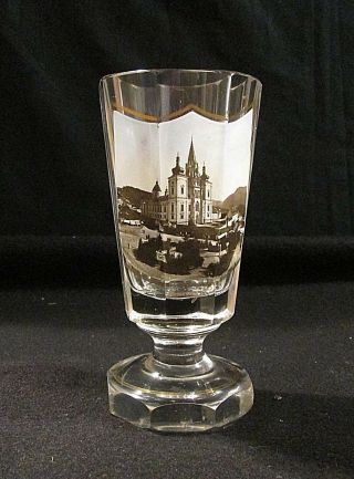 Vintage Heavy Cut Crystal Glass With Picture Of Mariazell Basilica,  Austria