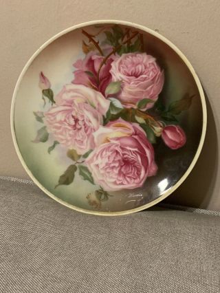 Antique Thomas Bavaria Sevres Porcelain Bourbon Rose Display Plate Hand Painted 2
